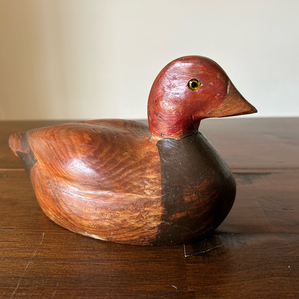 Vintage Hand Carved Wooden Duck Decoy with Glass Eyes Folk Art Cabin Decor